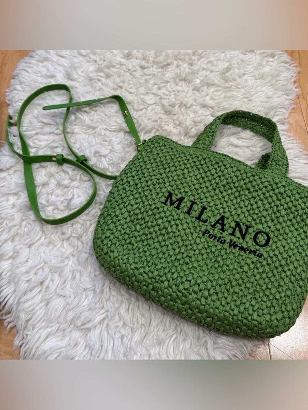 H&M Green MILANO Embroidered Woven Tote NWOT - Picture 2 of 4